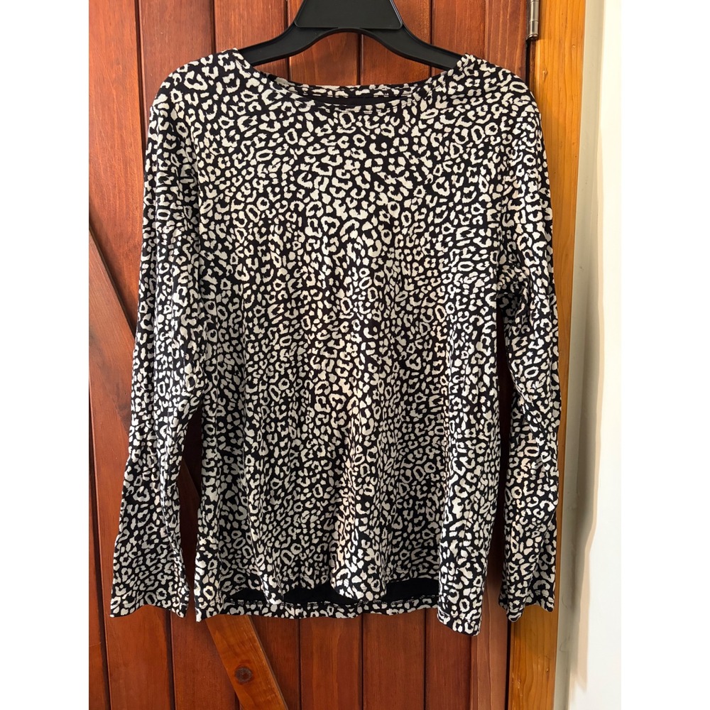 Chico's Women Black White Leopard Animal Print Cotton Long Sleeve Top Size 2 L